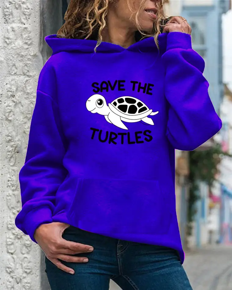 Women Drawstring Hoodie Yellow Turtle Print - Image 10