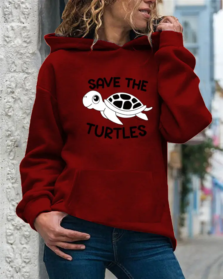 Women Drawstring Hoodie Yellow Turtle Print - Image 11