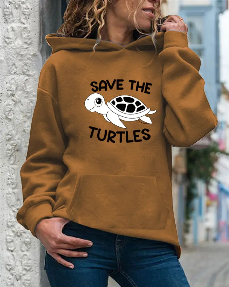 Women Drawstring Hoodie Yellow Turtle Print - Image 2