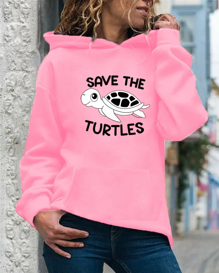 Women Drawstring Hoodie Yellow Turtle Print - Image 3