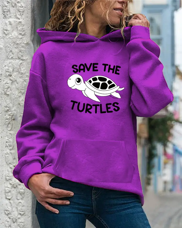 Women Drawstring Hoodie Yellow Turtle Print - Image 6