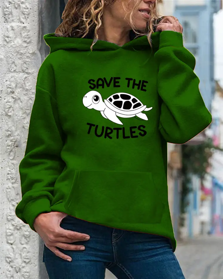 Women Drawstring Hoodie Yellow Turtle Print - Image 8
