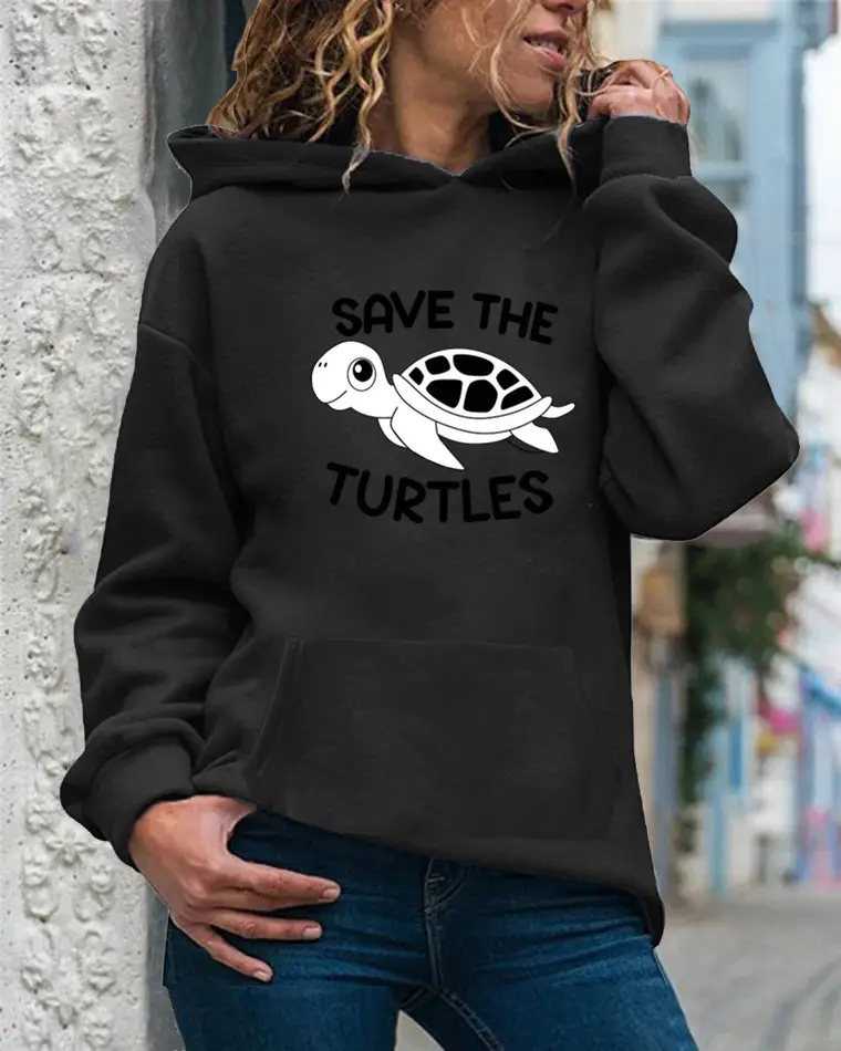 Women Drawstring Hoodie Yellow Turtle Print - Image 9
