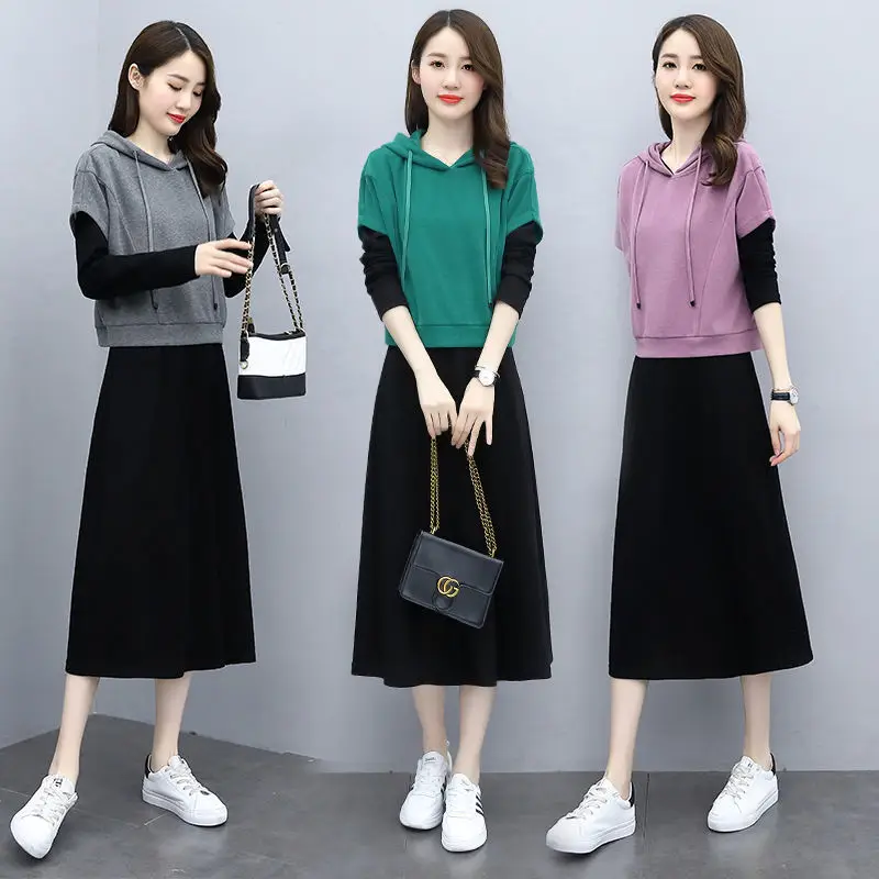 Women's 2-Piece Hooded Hoodie & Sweatshirt Set Grey Black - Image 5