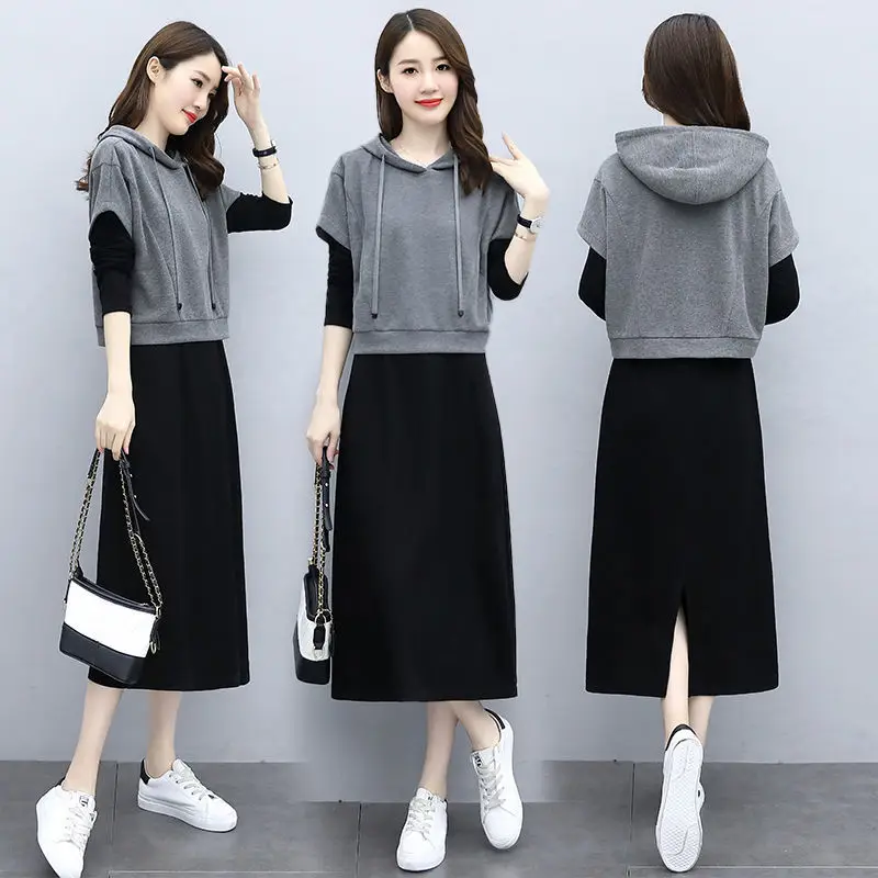 Women's 2-Piece Hooded Hoodie & Sweatshirt Set Grey Black - Image 6