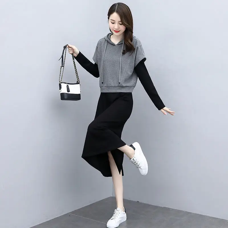 Women's 2-Piece Hooded Hoodie & Sweatshirt Set Grey Black - Image 9