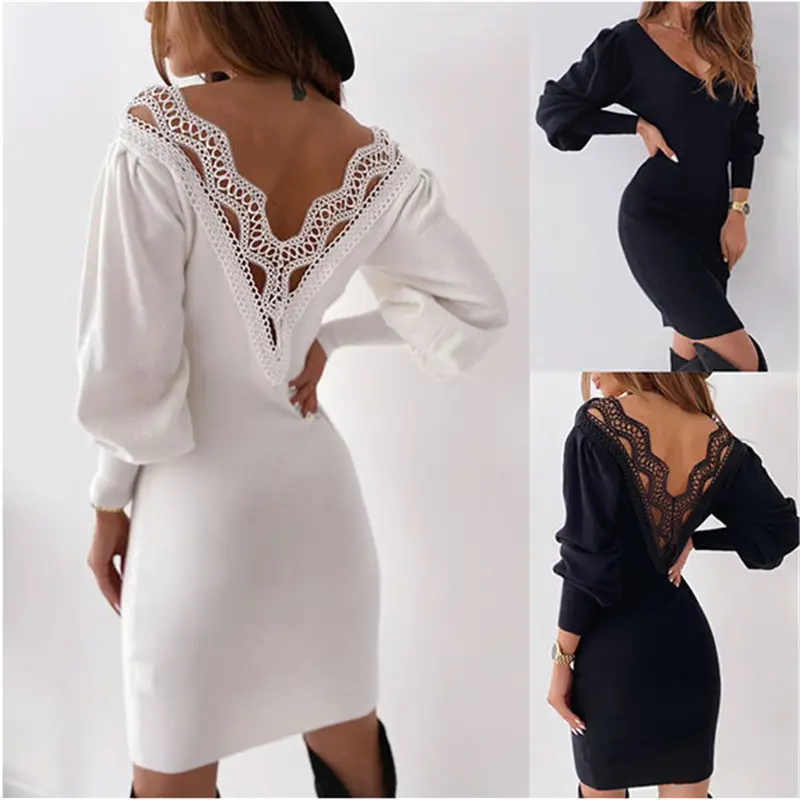White Lace Backless Dress for Women - Image 3
