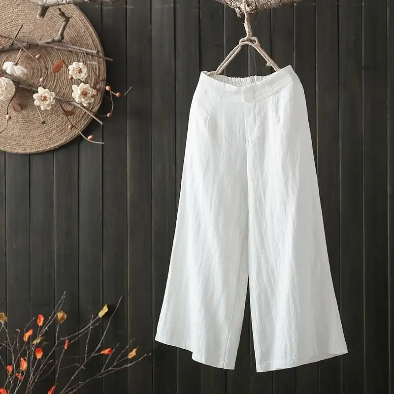 Women Elastic Waist Cotton Linen Wide Leg Pants Blue Large