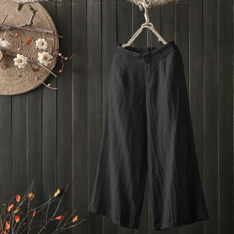 Women Elastic Waist Cotton Linen Wide Leg Pants Blue Large