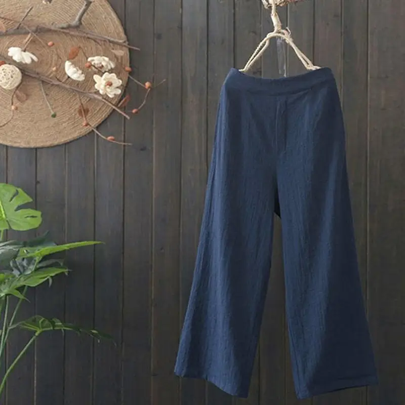 Women Elastic Waist Cotton Linen Wide Leg Pants Blue Large