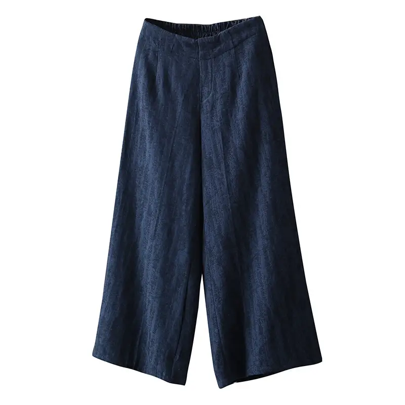 Women Elastic Waist Cotton Linen Wide Leg Pants Blue Large