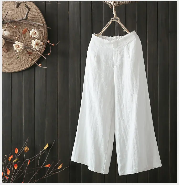 Women Elastic Waist Cotton Linen Wide Leg Pants Blue Large — feature 4