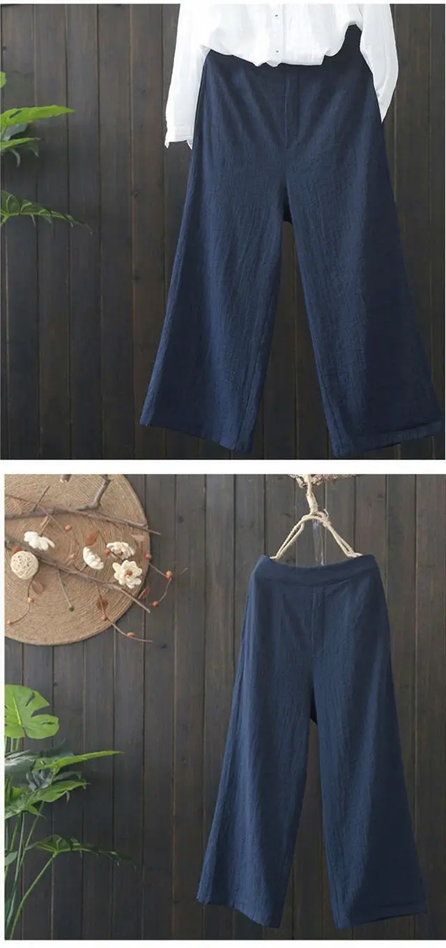 Women Elastic Waist Cotton Linen Wide Leg Pants Blue Large — feature 5
