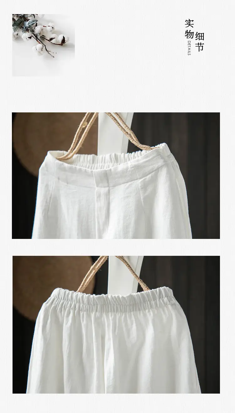 Women Elastic Waist Cotton Linen Wide Leg Pants Blue Large — feature 7