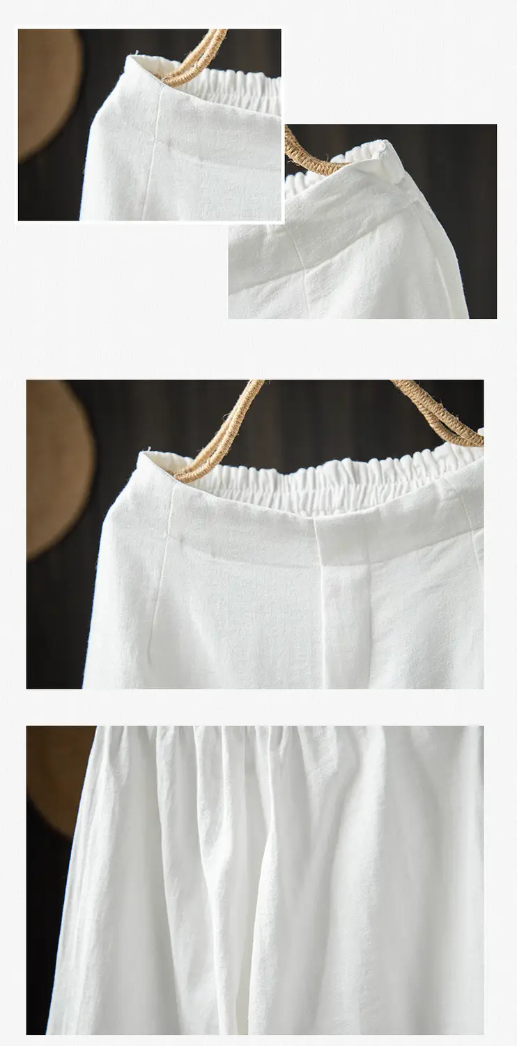 Women Elastic Waist Cotton Linen Wide Leg Pants Blue Large — feature 8