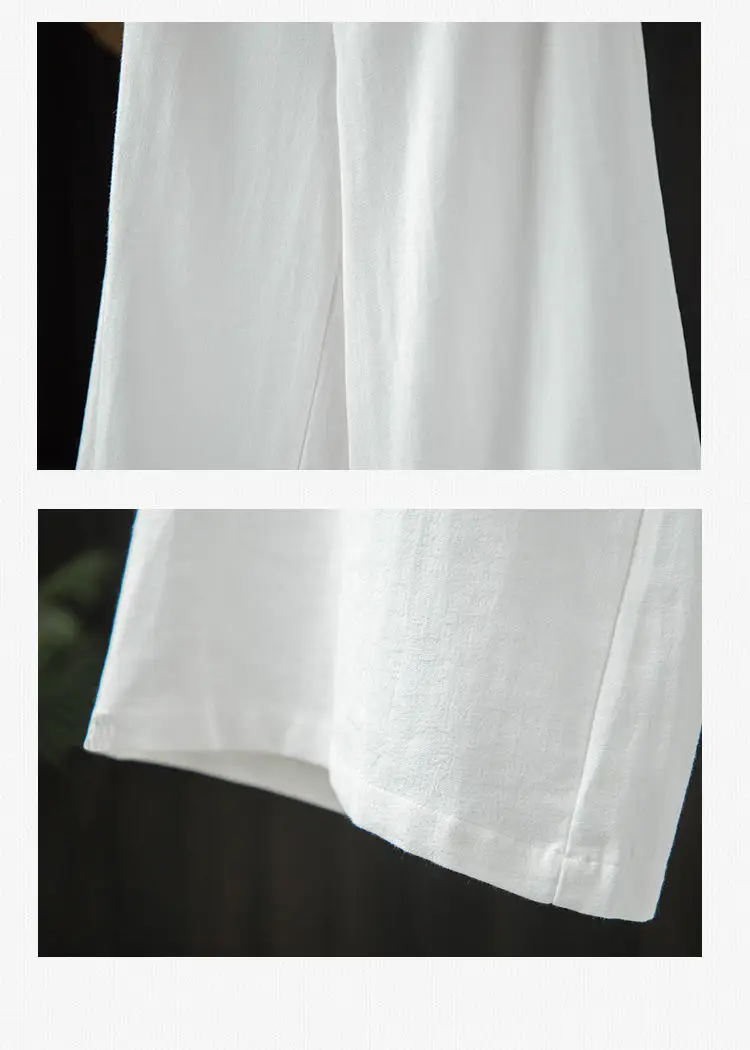 Women Elastic Waist Cotton Linen Wide Leg Pants Blue Large — feature 9
