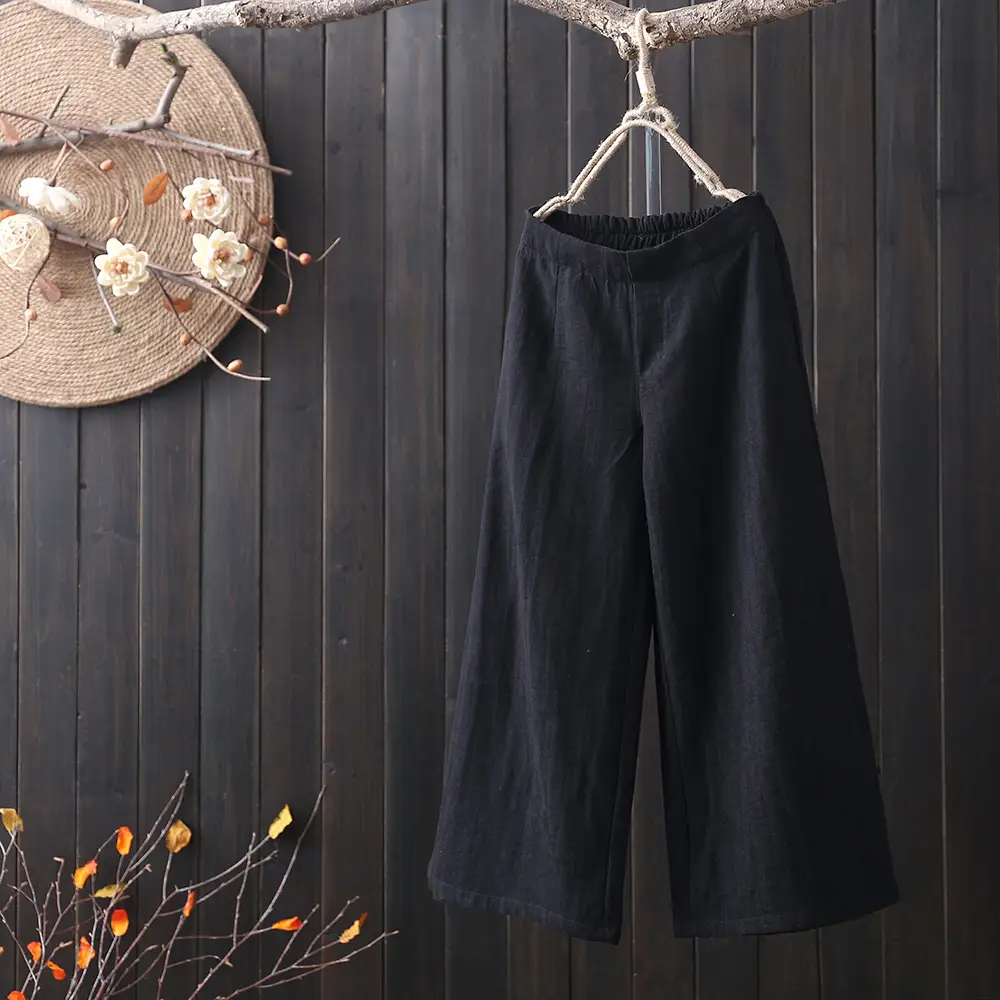 Women Elastic Waist Cotton Linen Wide Leg Pants Blue Large