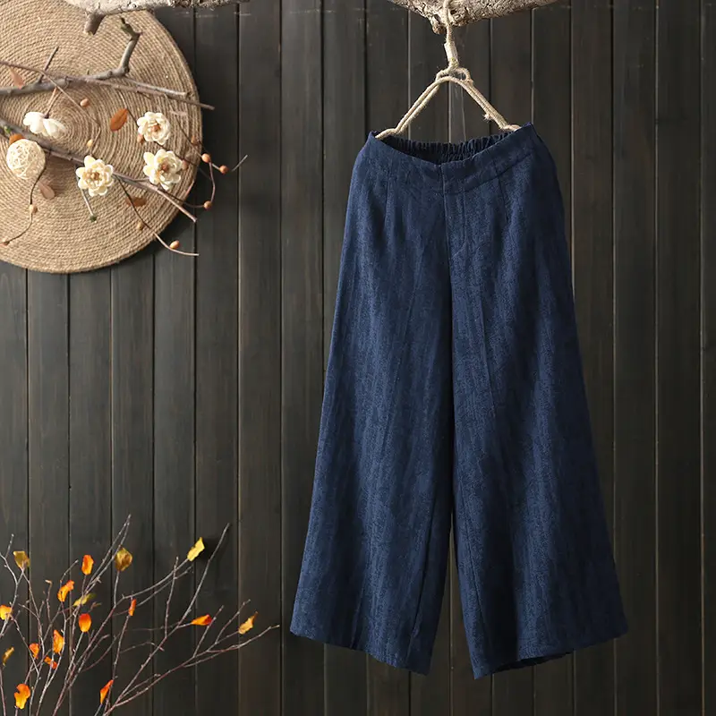 Women Elastic Waist Cotton Linen Wide Leg Pants Blue Large