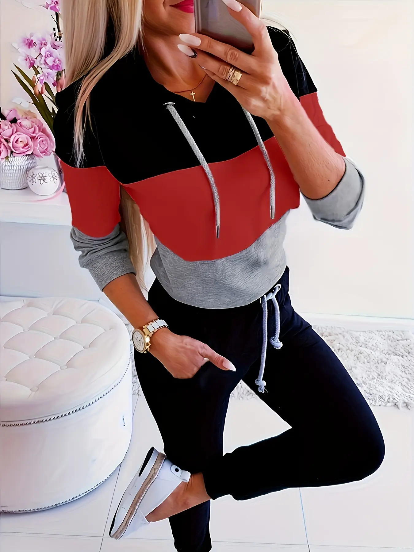 Long Sleeve Color Block Hooded T-Shirt for Women - Image 5