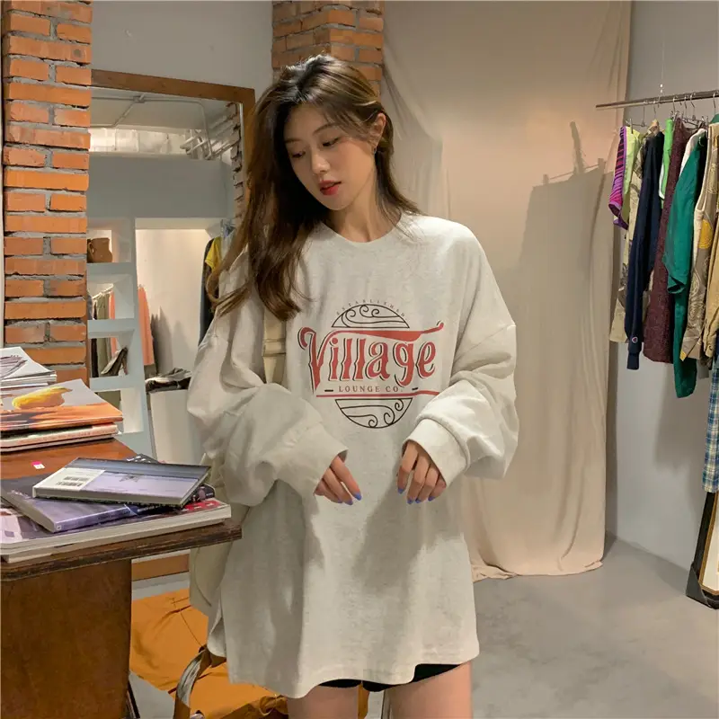 Women Cotton Sweatshirt Mid Length Loose Round Neck Long Sleeve - Image 4