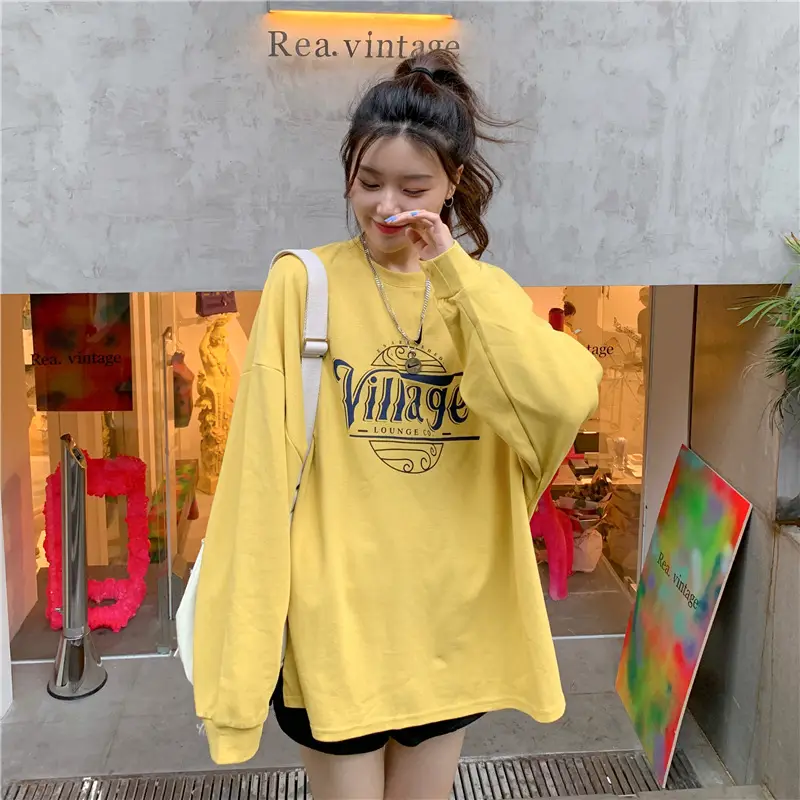 Women Cotton Sweatshirt Mid Length Loose Round Neck Long Sleeve - Image 5