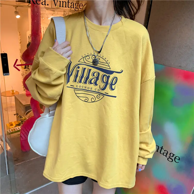 Women Cotton Sweatshirt Mid Length Loose Round Neck Long Sleeve - Image 7
