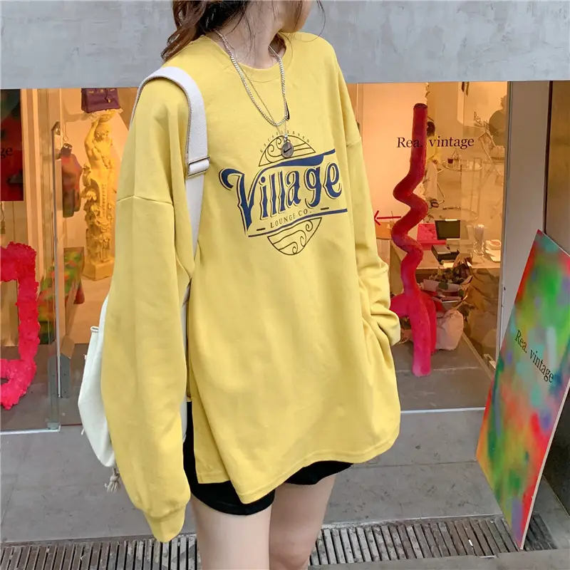 Women Cotton Sweatshirt Mid Length Loose Round Neck Long Sleeve - Image 2