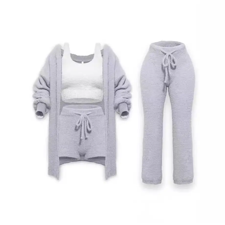 Black 4-Piece Knitted Long Sleeve Vest Shorts Set