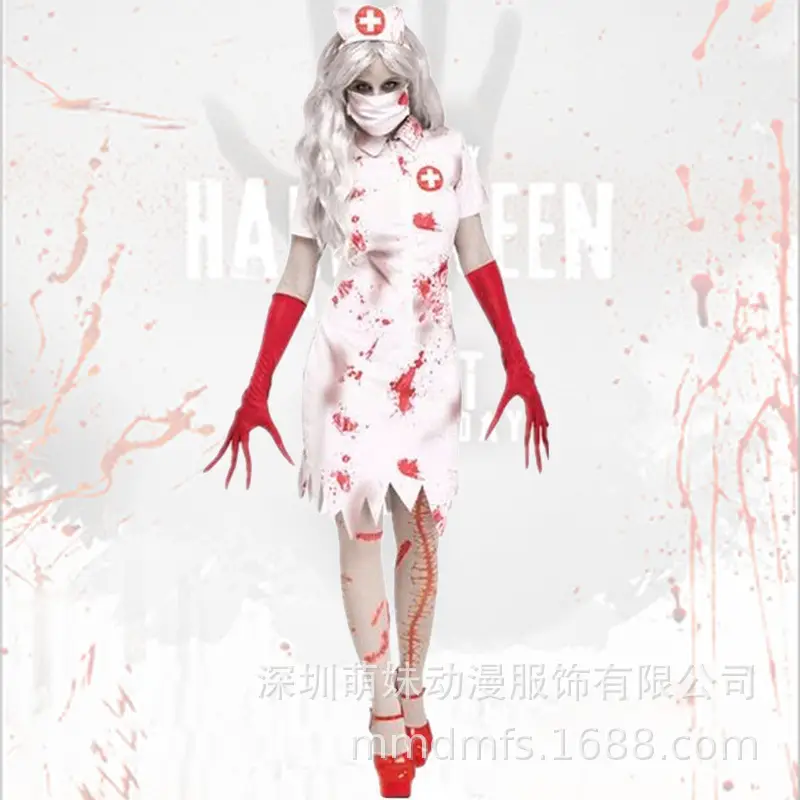 Zombie Nurse Cosplay Dress White Red Cross Design - Image 2