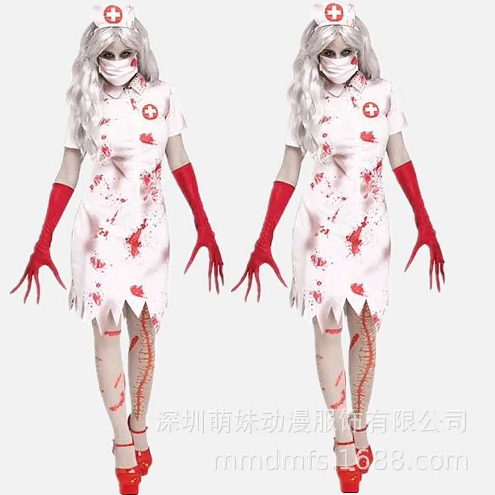 Zombie Nurse Cosplay Dress White Red Cross Design - Image 4