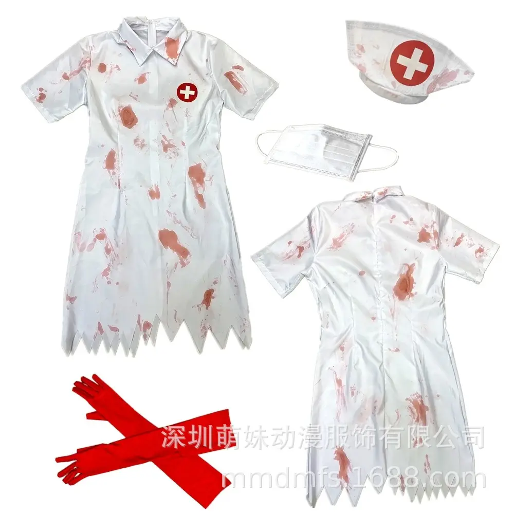 Zombie Nurse Cosplay Dress White Red Cross Design - Image 6