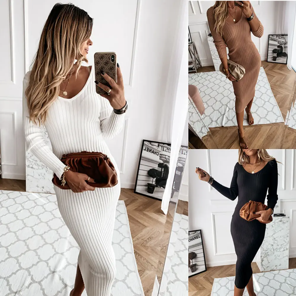 White V-Collar Long Sleeve Women's Dress 2020 - Image 4