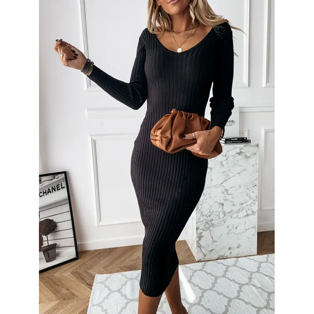 White V-Collar Long Sleeve Women's Dress 2020 - Image 3
