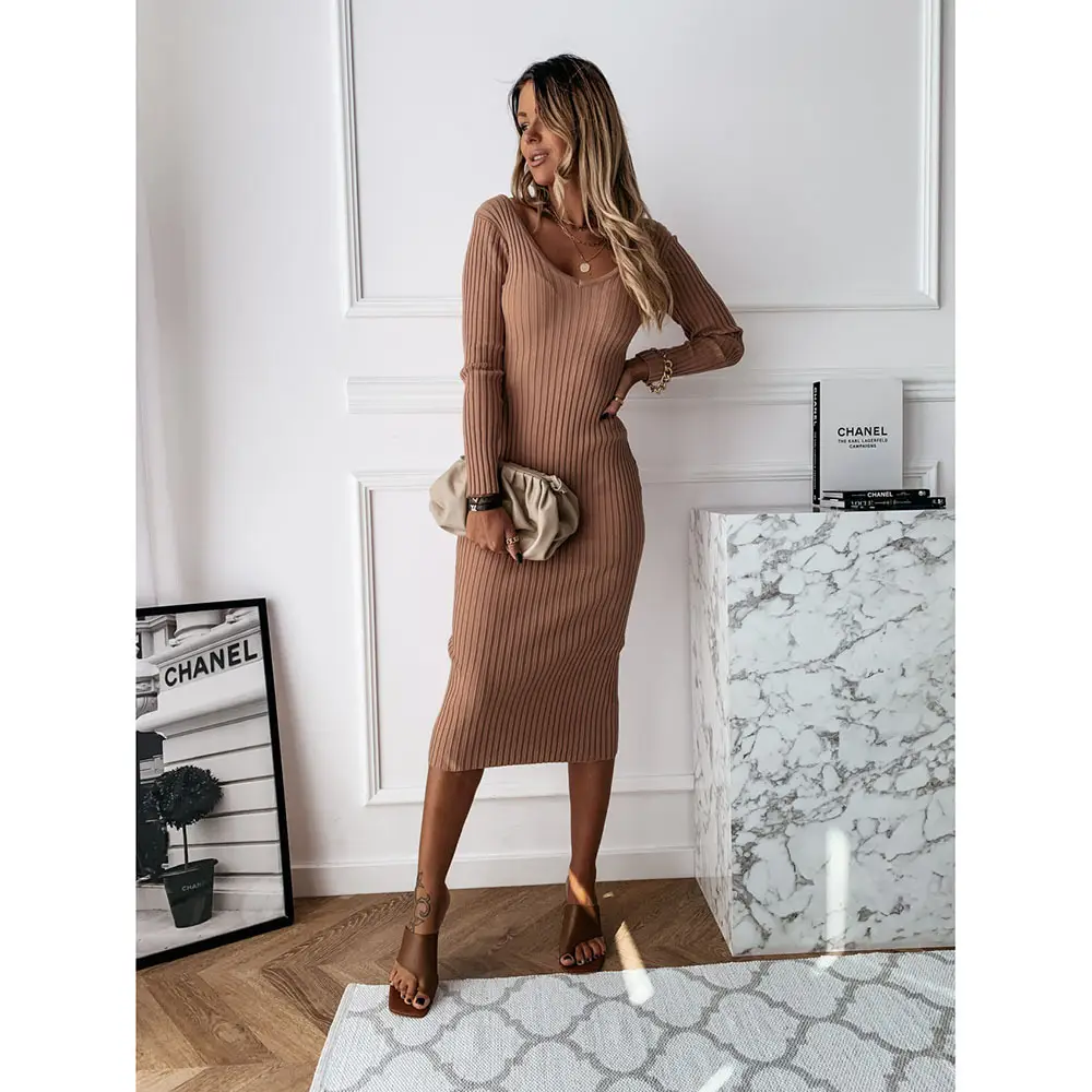 White V-Collar Long Sleeve Women's Dress 2020 - Image 2