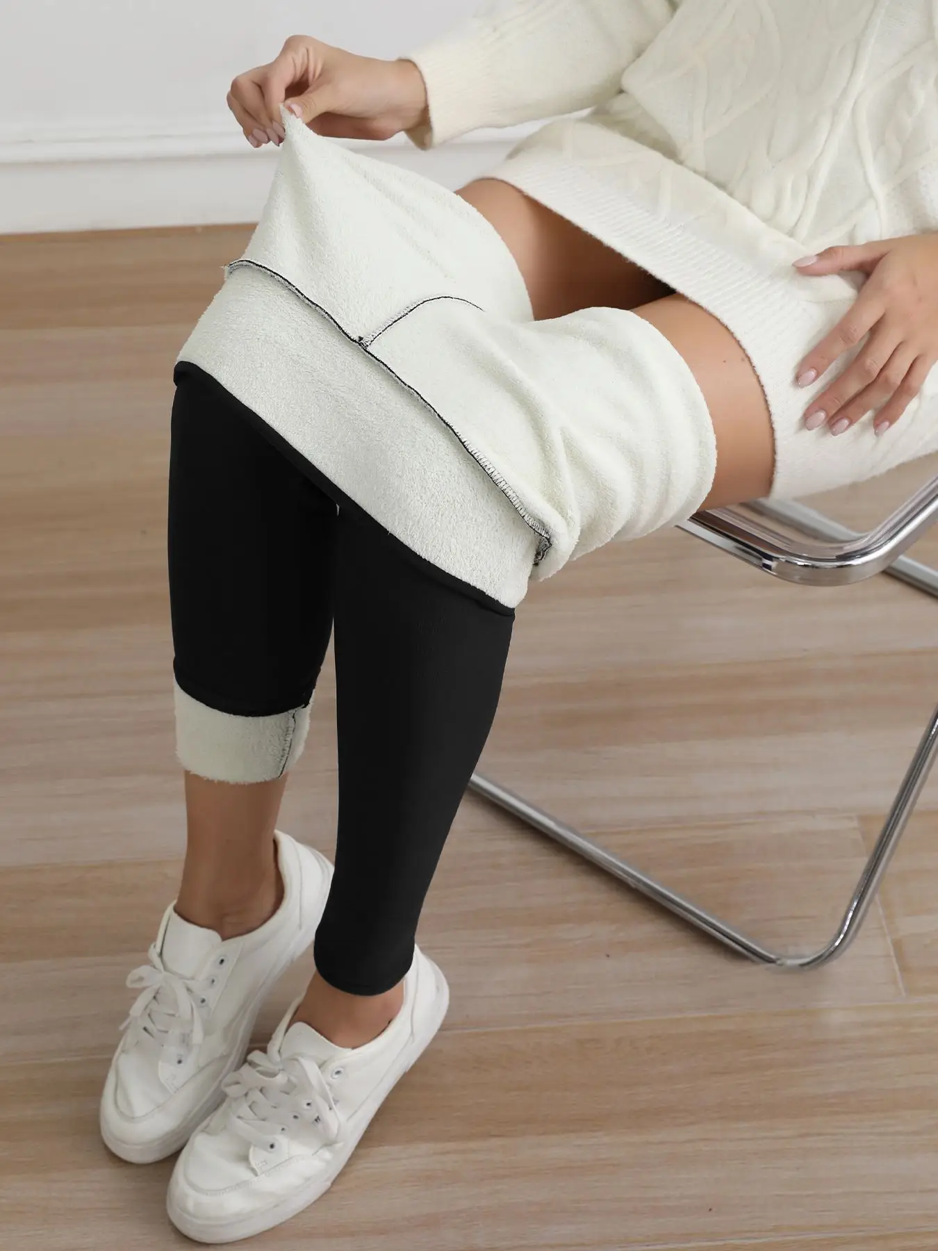 Women Maroon Thick Fleece Leggings High Waist Stretch - Image 24