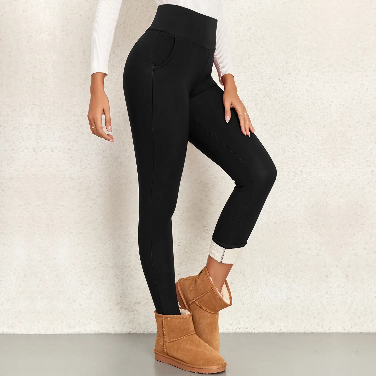 Women Maroon Thick Fleece Leggings High Waist Stretch — feature 10