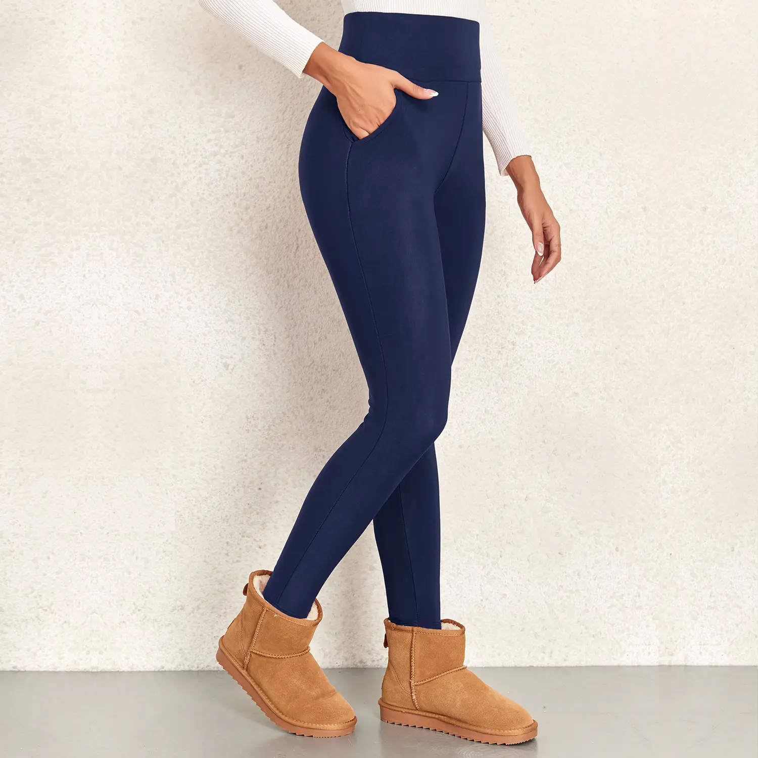 Women Maroon Thick Fleece Leggings High Waist Stretch — feature 5