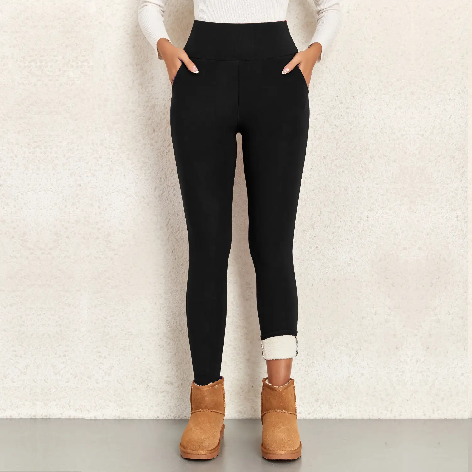 Women Maroon Thick Fleece Leggings High Waist Stretch — feature 9