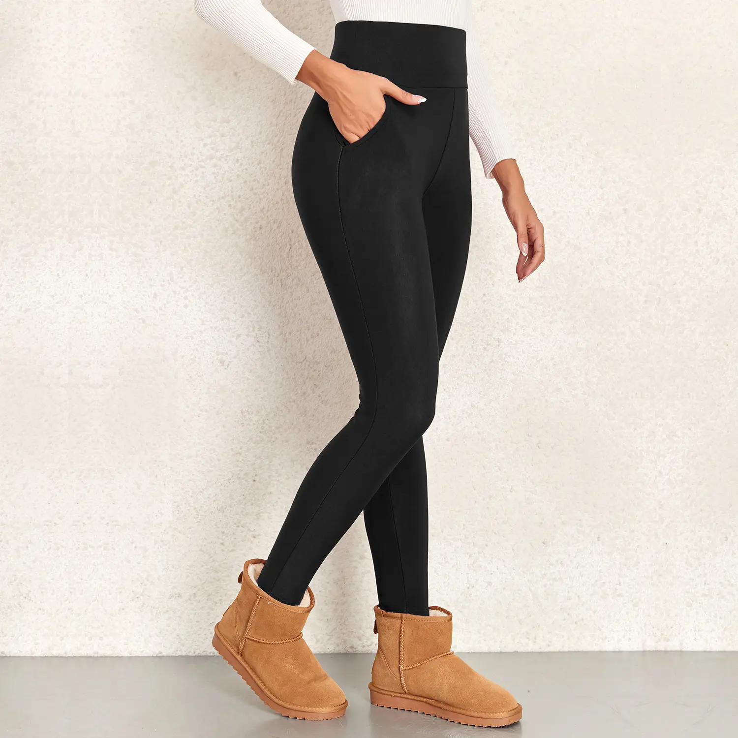 Women Maroon Thick Fleece Leggings High Waist Stretch - Image 11