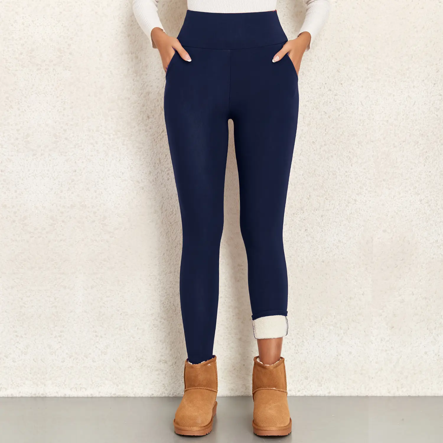 Women Maroon Thick Fleece Leggings High Waist Stretch - Image 12