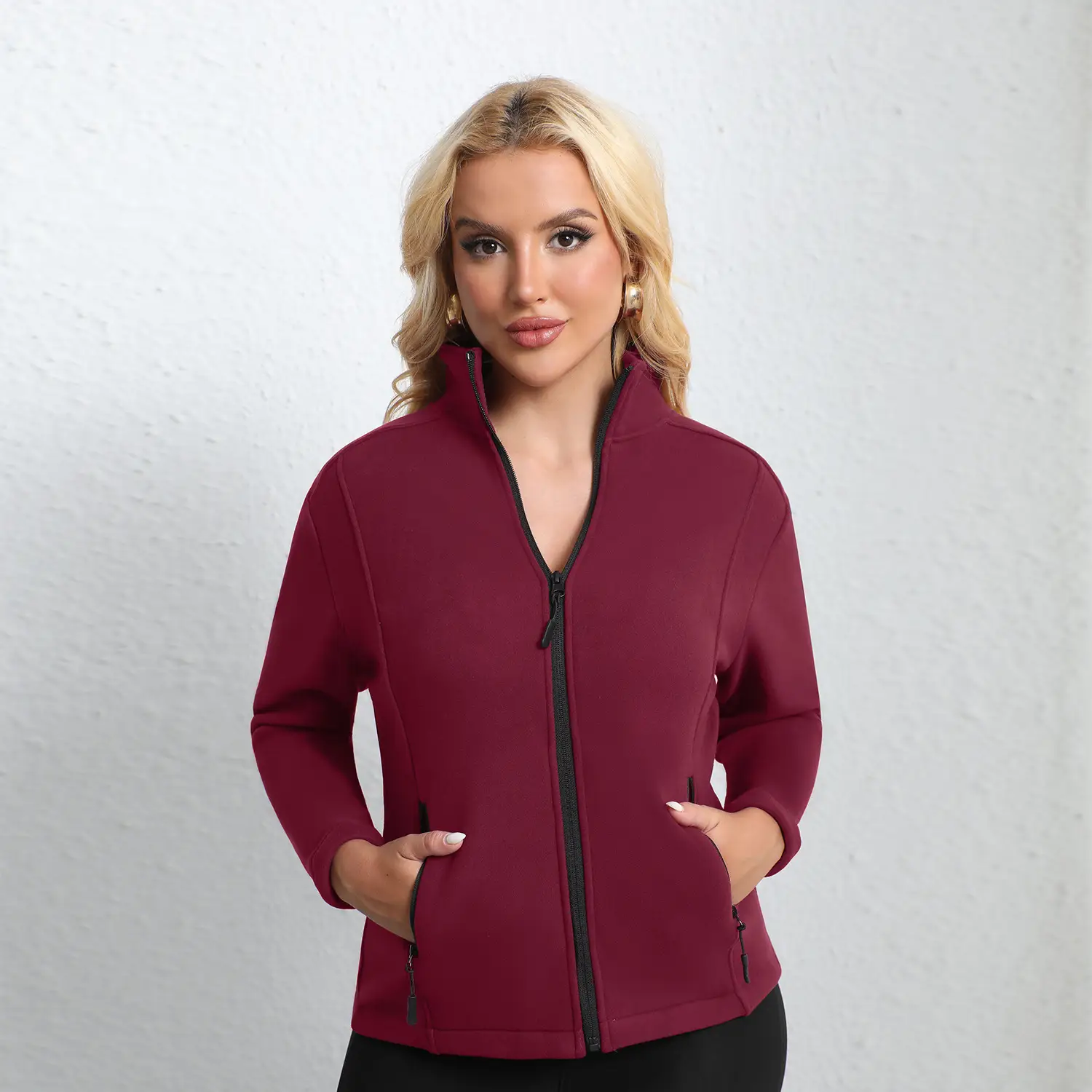 Women Maroon Thick Fleece Leggings High Waist Stretch - Image 19