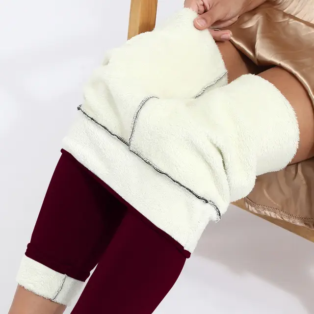 Women Maroon Thick Fleece Leggings High Waist Stretch - Image 3