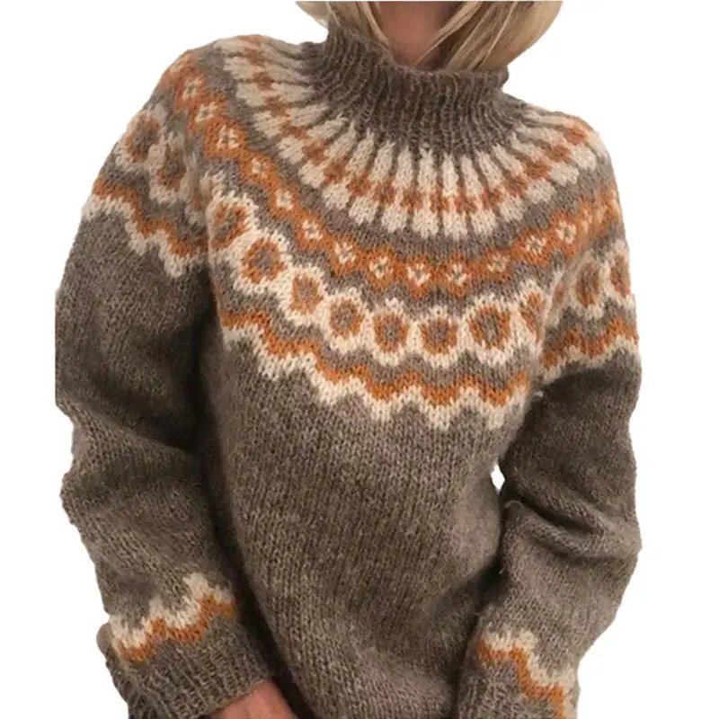Women Winter Printed Turtleneck Sweater Orange - Image 4