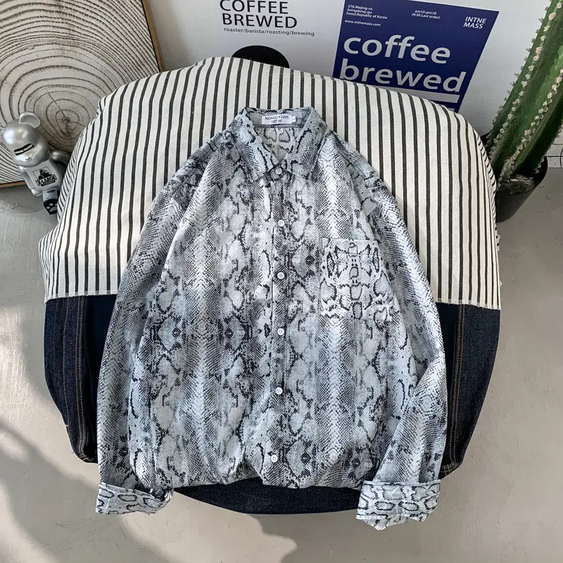Men's Korean-style Long Sleeve Shirt Jacket Grey Patterned - Image 3