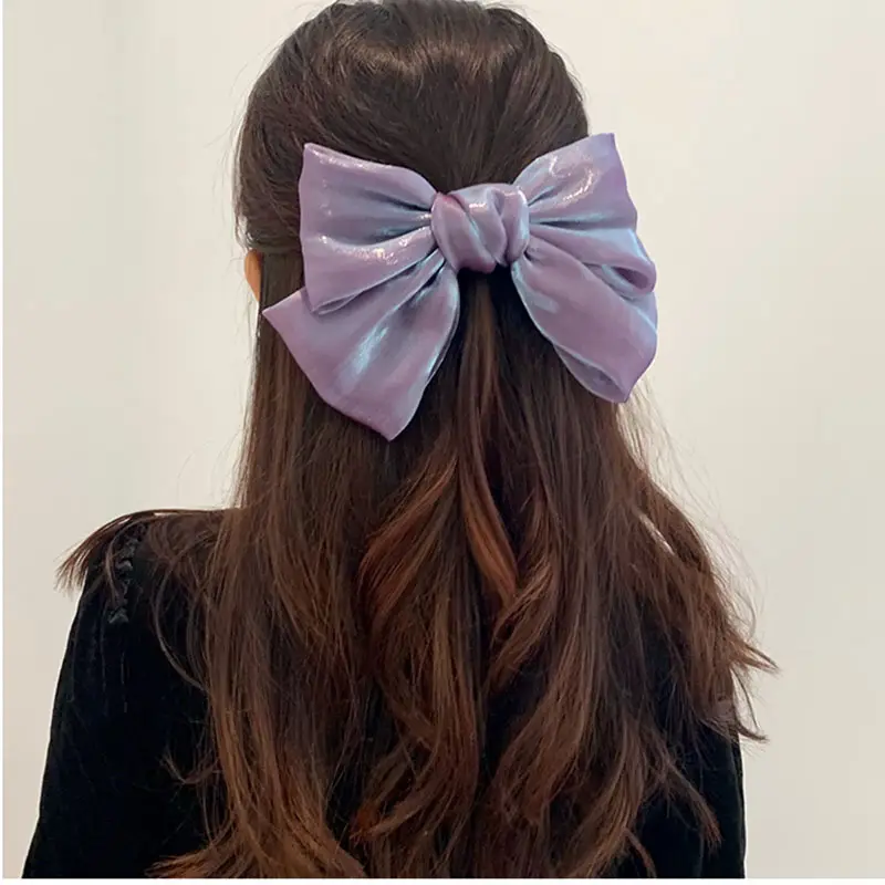 French Pearlescent Satin Bow Hairpin Back Clip - Image 2