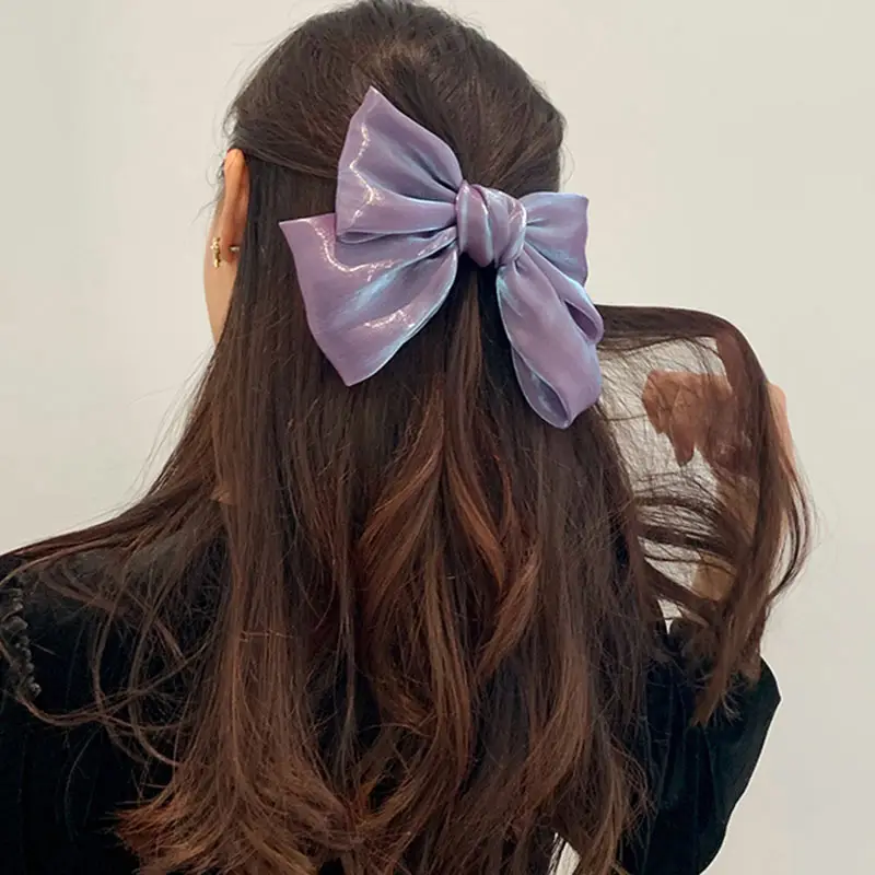 French Pearlescent Satin Bow Hairpin Back Clip - Image 11