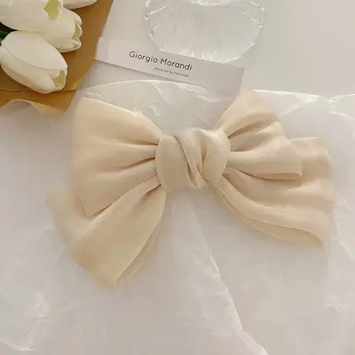 French Pearlescent Satin Bow Hairpin Back Clip - Image 5