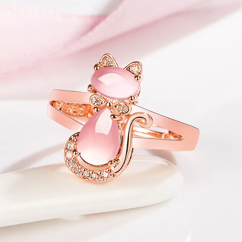 Pink Crystal Cat Ring for Women with Diamond Hibiscus Stone - Image 4