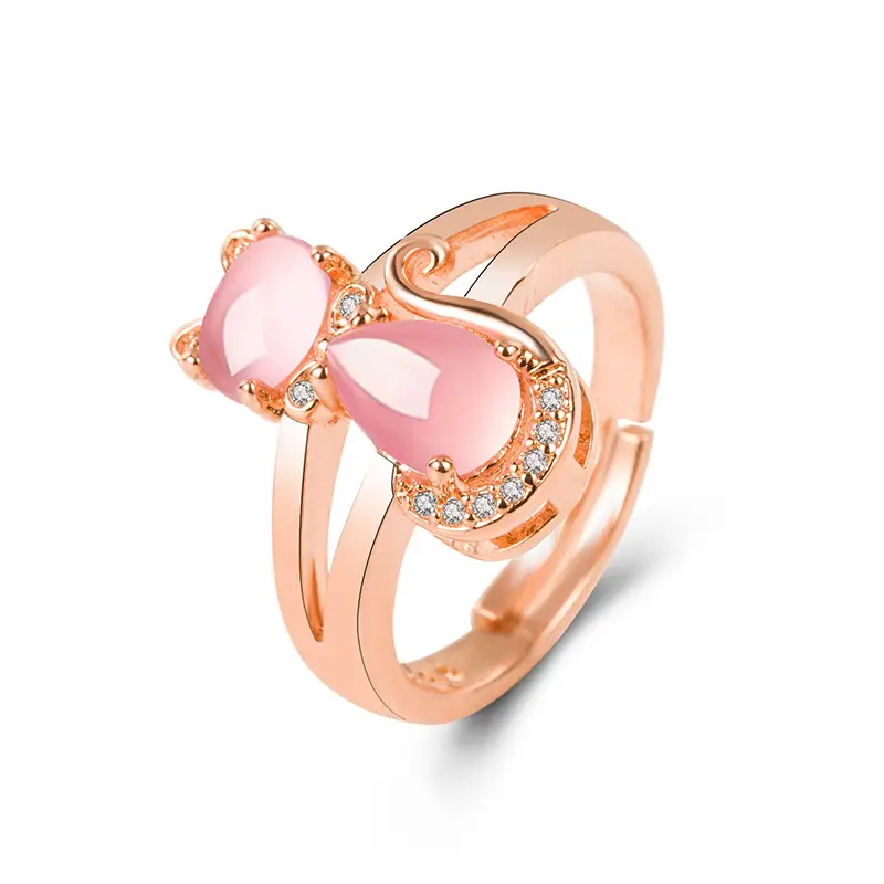 Pink Crystal Cat Ring for Women with Diamond Hibiscus Stone - Image 5