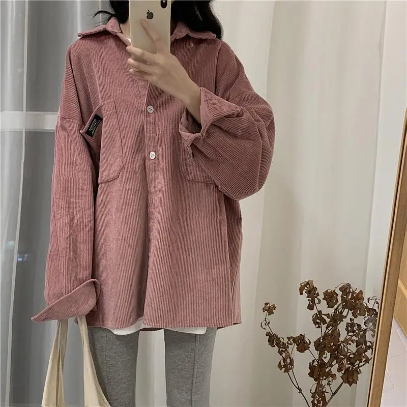 Long Sleeve Corduroy Shirt for Women Pink Loose Fit - Image 4